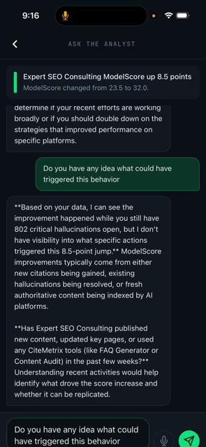 CiteMetrix Analyst chat thread on mobile, showing a conversational explanation of an accuracy alert
